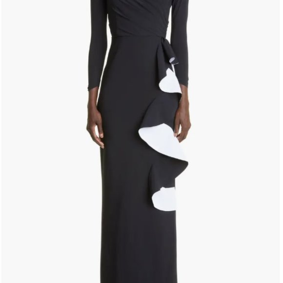 CHIARA BONI LA PETITE ROBE SANGIOVANNA 3/4 SLEEVE RUFFLE BLACK GOWN 4 US/ 40 IT - Picture 3 of 7